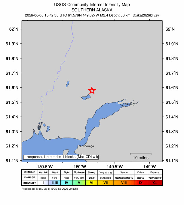 USGS DYFI community-reported intensity map for the M2.4 earthquake near 5 km S of Houston, Alaska