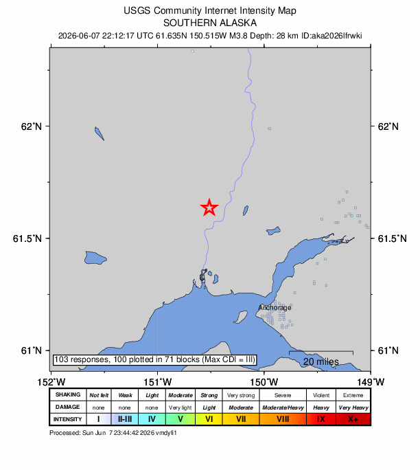 USGS DYFI community-reported intensity map for the M3.8 earthquake near 10 km N of Susitna, Alaska