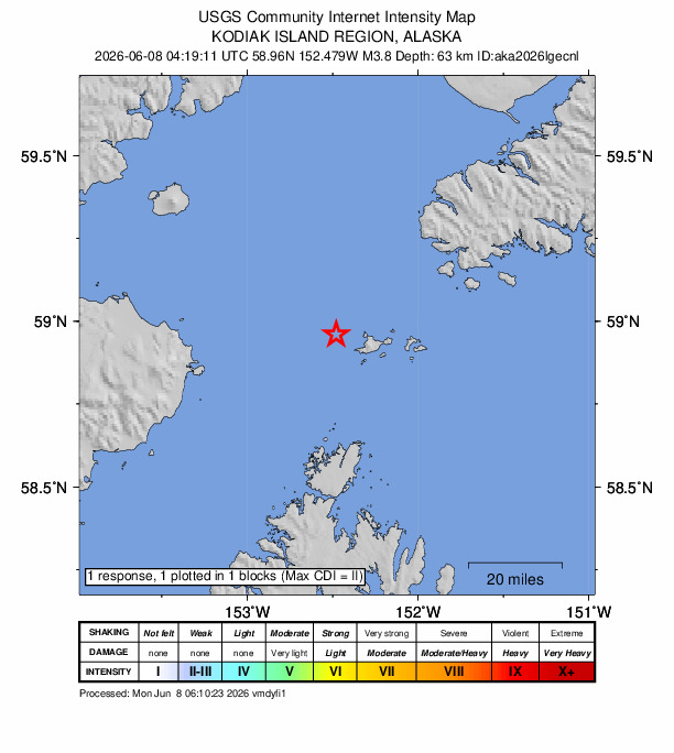 USGS DYFI community-reported intensity map for the M3.8 earthquake near 54 km SW of Nanwalek, Alaska