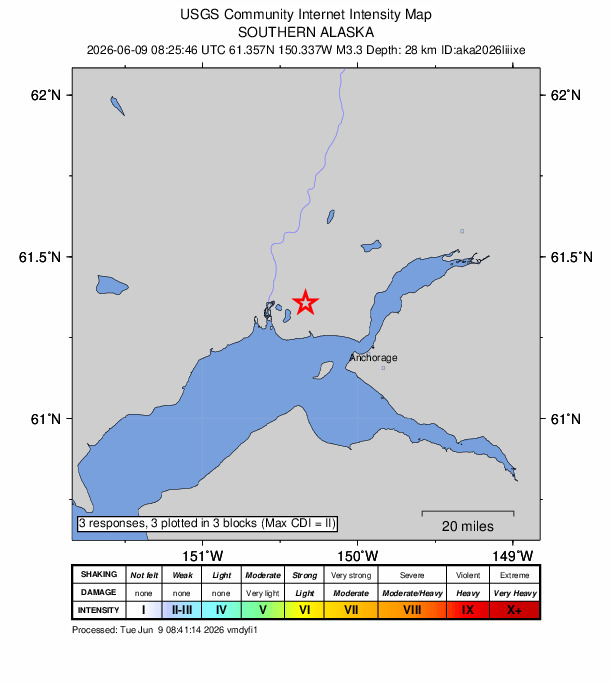 USGS DYFI community-reported intensity map for the M3.3 earthquake near 19 km W of Point MacKenzie, Alaska
