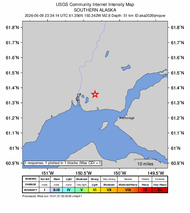 USGS DYFI community-reported intensity map for the M2.8 earthquake near 19 km W of Point MacKenzie, Alaska