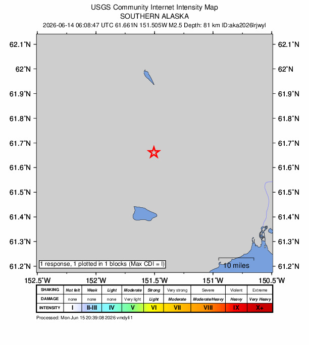 USGS DYFI community-reported intensity map for the M2.5 earthquake near 37 km S of Skwentna, Alaska