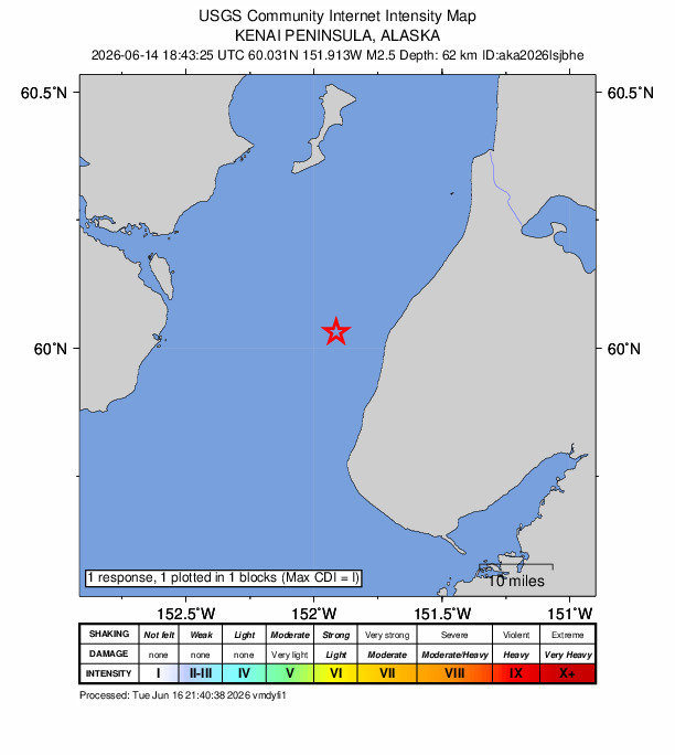 USGS DYFI community-reported intensity map for the M2.5 earthquake near 13 km NW of Happy Valley, Alaska