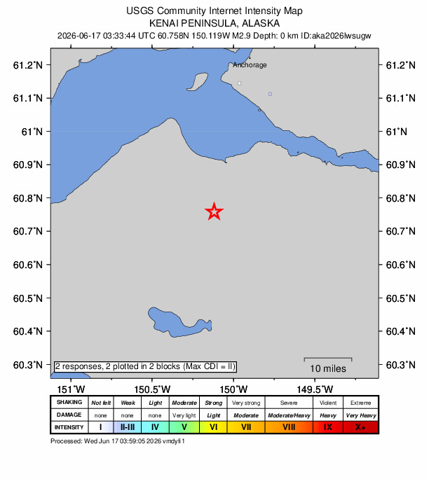 USGS DYFI community-reported intensity map for the M2.9 earthquake near 31 km SW of Hope, Alaska