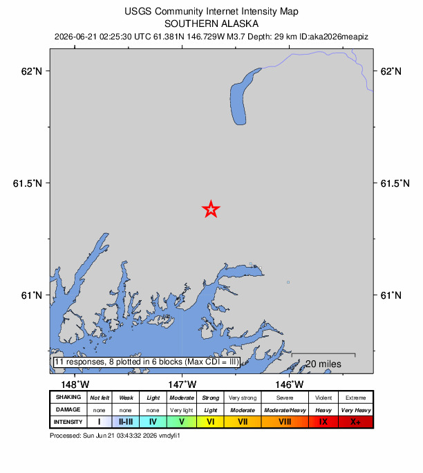 USGS DYFI community-reported intensity map for the M3.7 earthquake near 34 km NW of Valdez, Alaska