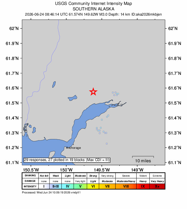 USGS DYFI community-reported intensity map for the M3.0 earthquake near 5 km S of Meadow Lakes, Alaska