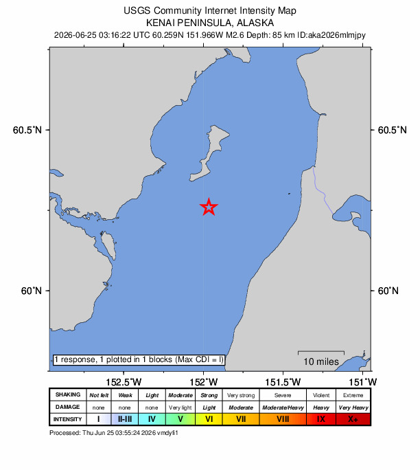USGS DYFI community-reported intensity map for the M2.6 earthquake near 28 km NW of Ninilchik, Alaska