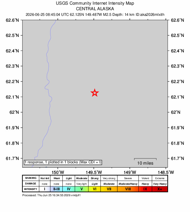 USGS DYFI community-reported intensity map for the M2.5 earthquake near 19 km ESE of Susitna North, Alaska