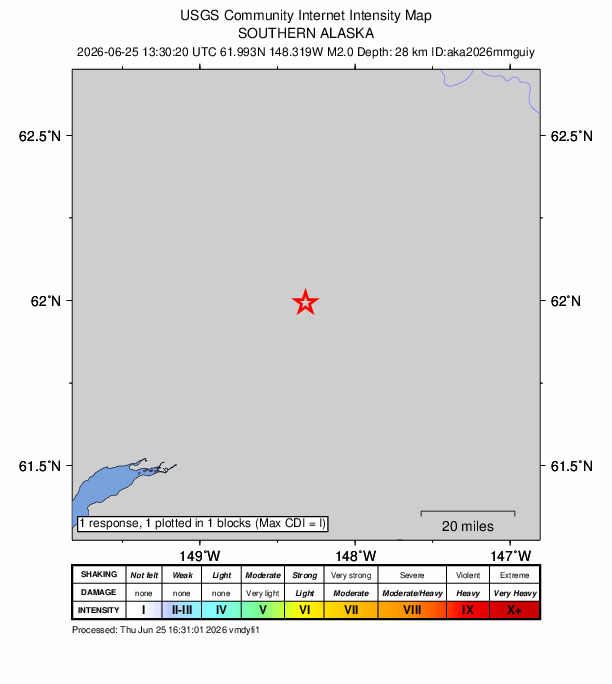 USGS DYFI community-reported intensity map for the M2.0 earthquake near 23 km NNE of Chickaloon, Alaska