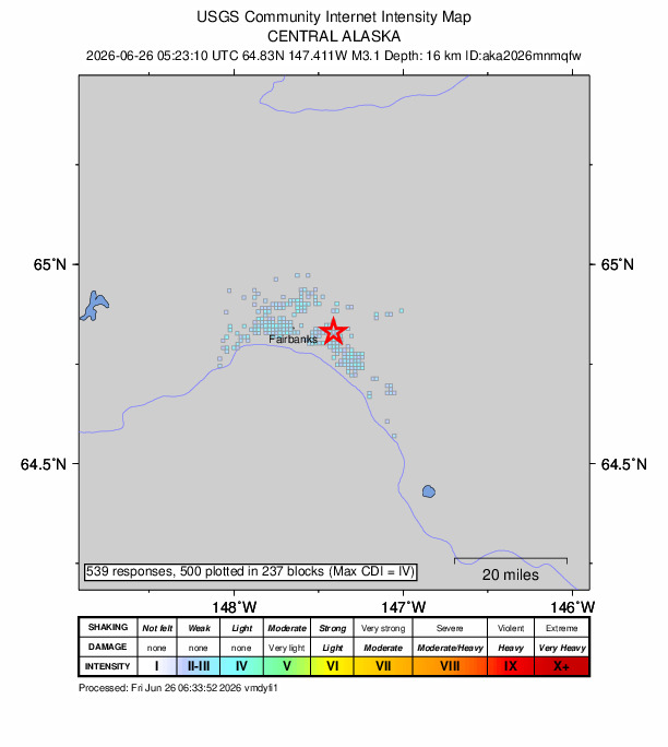 USGS DYFI community-reported intensity map for the M3.1 earthquake near 6 km ENE of Badger, Alaska