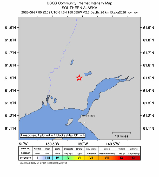 USGS DYFI community-reported intensity map for the M2.5 earthquake near 5 km WSW of Big Lake, Alaska