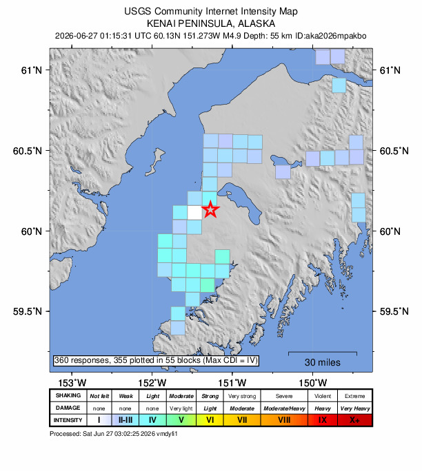 USGS DYFI community-reported intensity map for the M4.9 earthquake near 13 km SSE of Clam Gulch, Alaska