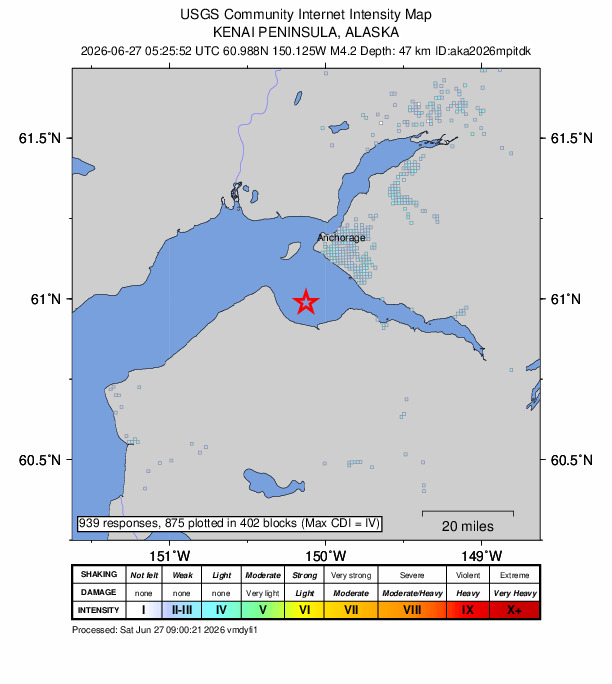 USGS DYFI community-reported intensity map for the M4.2 earthquake near 27 km WNW of Hope, Alaska