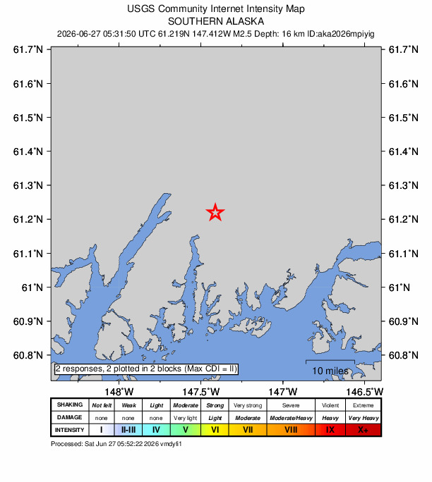 USGS DYFI community-reported intensity map for the M2.5 earthquake near 55 km NW of Tatitlek, Alaska