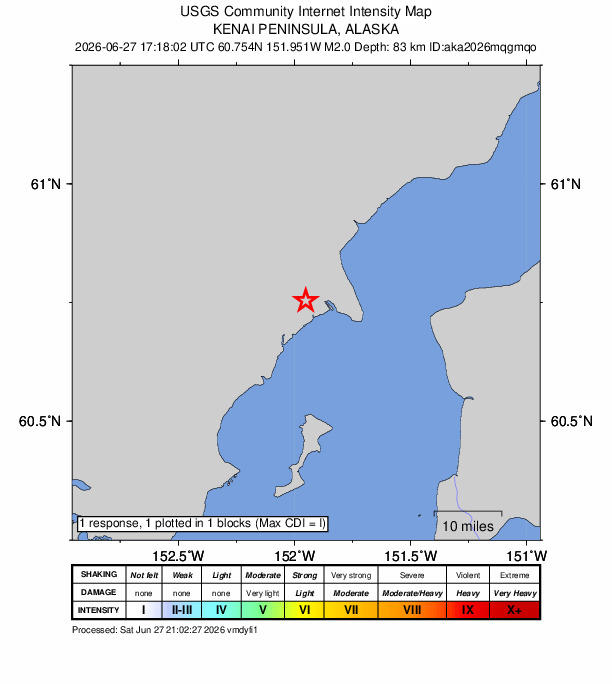 USGS DYFI community-reported intensity map for the M2.0 earthquake near 36 km W of Nikiski, Alaska