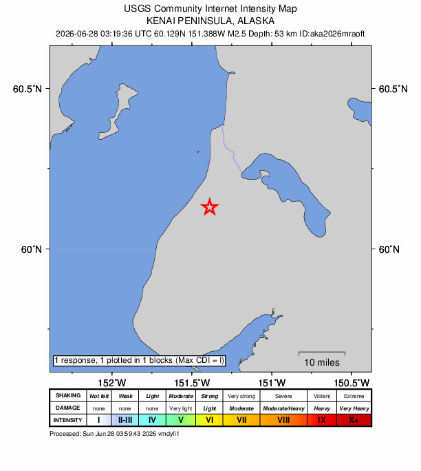 USGS DYFI community-reported intensity map for the M2.5 earthquake near 11 km S of Clam Gulch, Alaska