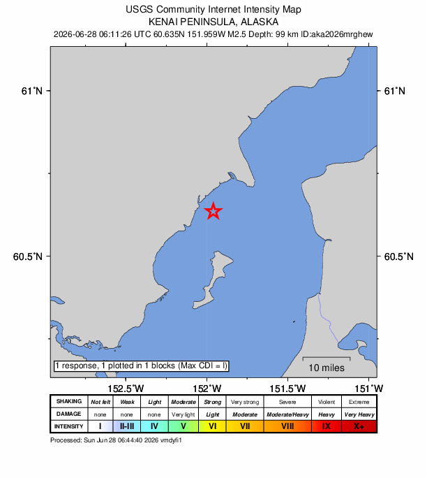 USGS DYFI community-reported intensity map for the M2.5 earthquake near 35 km W of Salamatof, Alaska