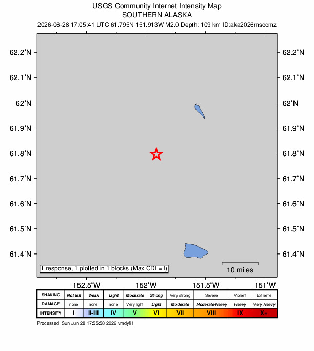 USGS DYFI community-reported intensity map for the M2.0 earthquake near 34 km SW of Skwentna, Alaska