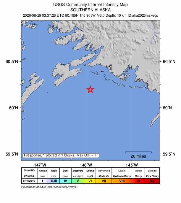 USGS DYFI community-reported intensity map for the M3.0 earthquake near 39 km SSW of Cordova, Alaska