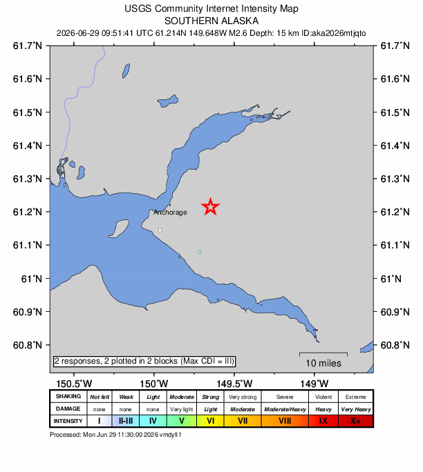USGS DYFI community-reported intensity map for the M2.6 earthquake near 4 km S of Elmendorf Air Force Base, Alaska