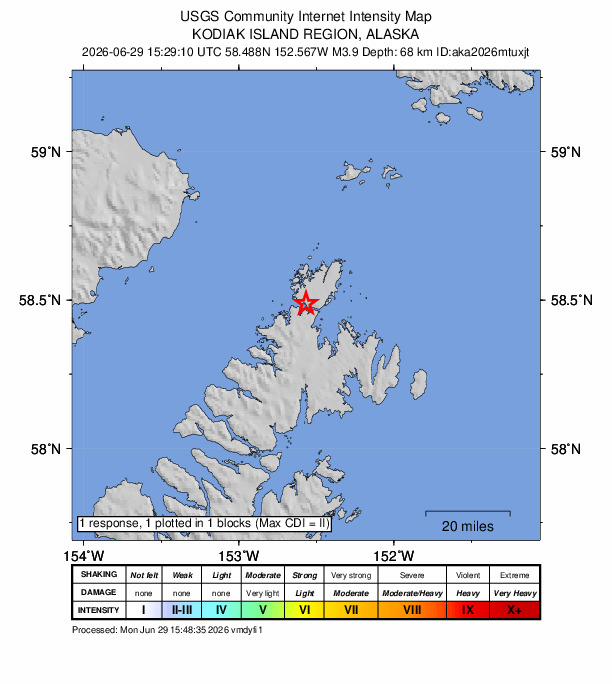 USGS DYFI community-reported intensity map for the M3.9 earthquake near 51 km NNE of Aleneva, Alaska