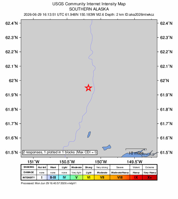 USGS DYFI community-reported intensity map for the M2.6 earthquake near 23 km NNW of Willow, Alaska