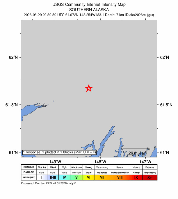 USGS DYFI community-reported intensity map for the M3.1 earthquake near 17 km SE of Chickaloon, Alaska