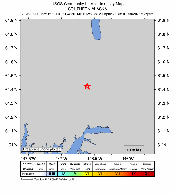 USGS DYFI community-reported intensity map for the M2.2 earthquake near 35 km NNW of Valdez, Alaska