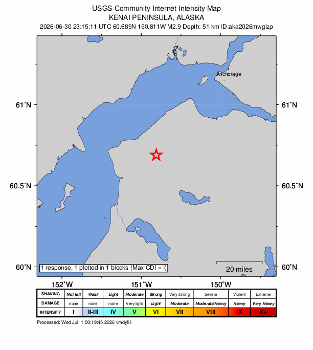 USGS DYFI community-reported intensity map for the M2.9 earthquake near 17 km N of Sterling, Alaska