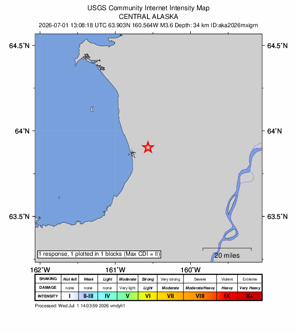 USGS DYFI community-reported intensity map for the M3.6 earthquake near 11 km ENE of Unalakleet, Alaska