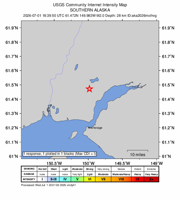 USGS DYFI community-reported intensity map for the M2.0 earthquake near 5 km SSW of Big Lake, Alaska
