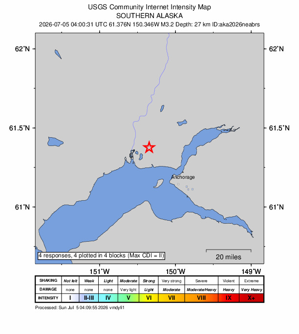 USGS DYFI community-reported intensity map for the M3.2 earthquake near 19 km W of Point MacKenzie, Alaska