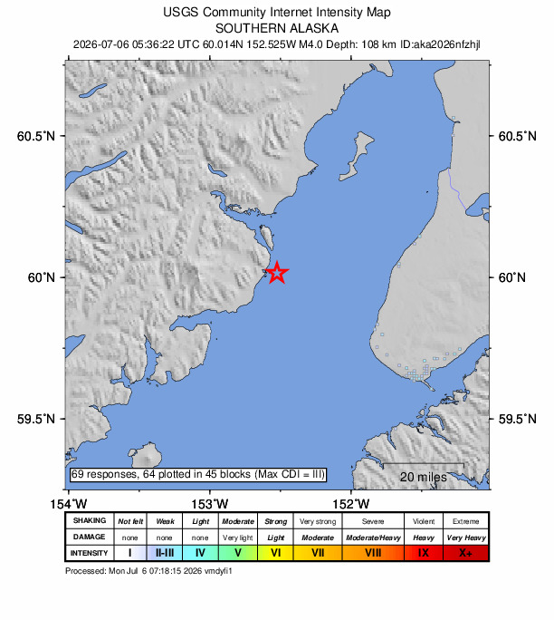 USGS DYFI community-reported intensity map for the M4.0 earthquake near 44 km W of Happy Valley, Alaska