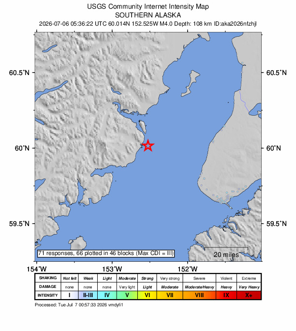 USGS DYFI community-reported intensity map for the M4.0 earthquake near 44 km W of Happy Valley, Alaska