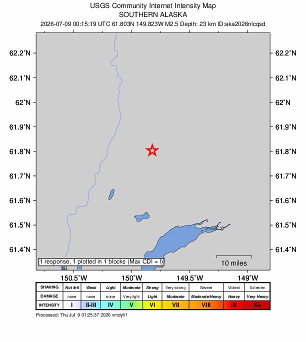 USGS DYFI community-reported intensity map for the M2.5 earthquake near 12 km ENE of Willow, Alaska