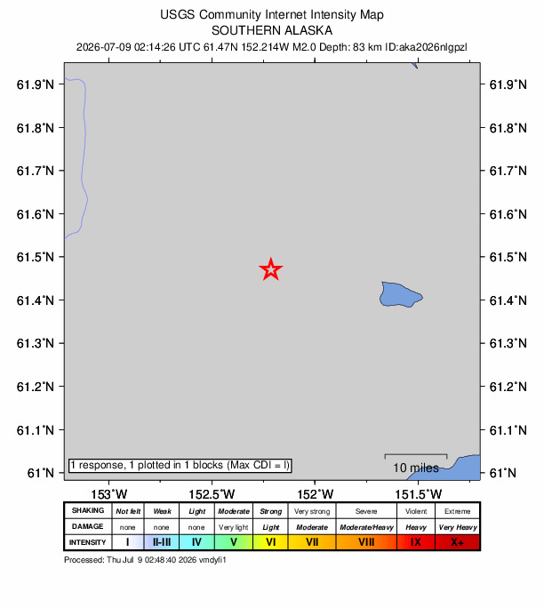 USGS DYFI community-reported intensity map for the M2.0 earthquake near 43 km NW of Beluga, Alaska