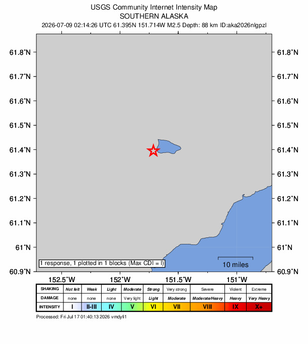 USGS DYFI community-reported intensity map for the M2.5 earthquake near 44 km NW of Beluga, Alaska