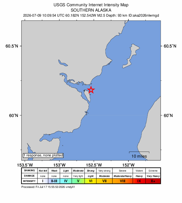 USGS DYFI community-reported intensity map for the M2.5 earthquake near 50 km WNW of Ninilchik, Alaska