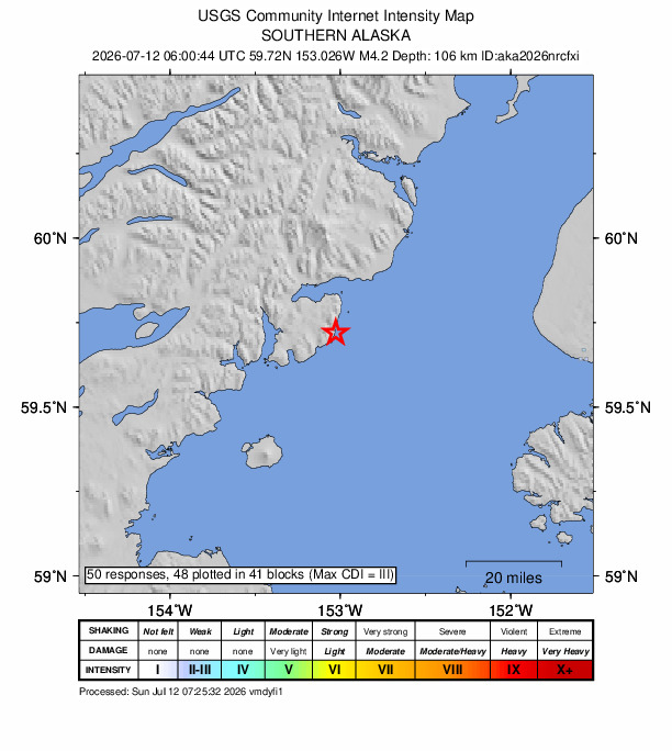 USGS DYFI community-reported intensity map for the M4.2 earthquake near 61 km E of Pedro Bay, Alaska