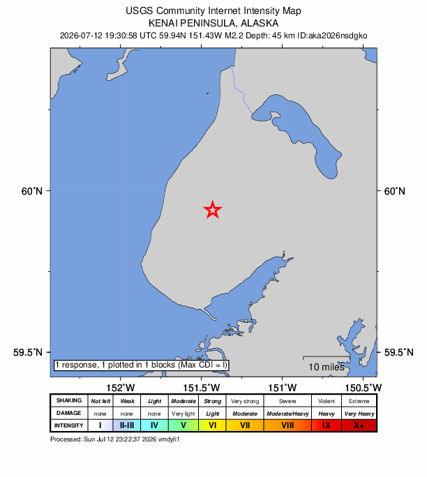 USGS DYFI community-reported intensity map for the M2.2 earthquake near 16 km E of Happy Valley, Alaska