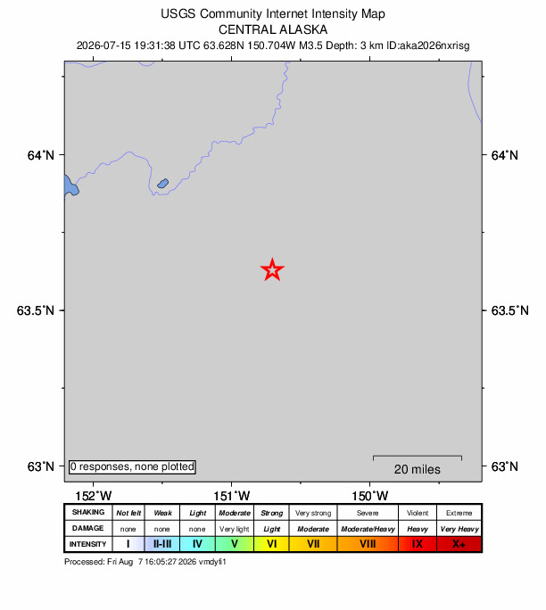 USGS DYFI community-reported intensity map for the M3.5 earthquake near 51 km E of Denali National Park, Alaska