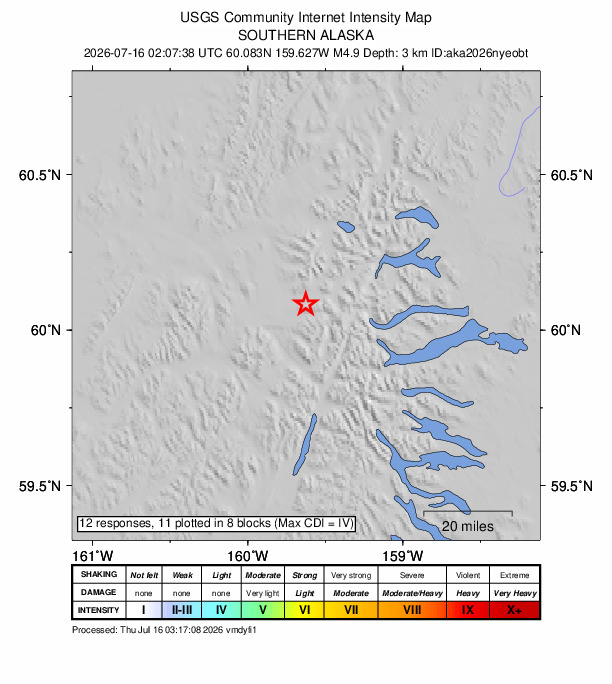 USGS DYFI community-reported intensity map for the M4.9 earthquake near 106 km NNW of Aleknagik, Alaska