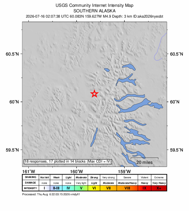 USGS DYFI community-reported intensity map for the M4.9 earthquake near 106 km NNW of Aleknagik, Alaska