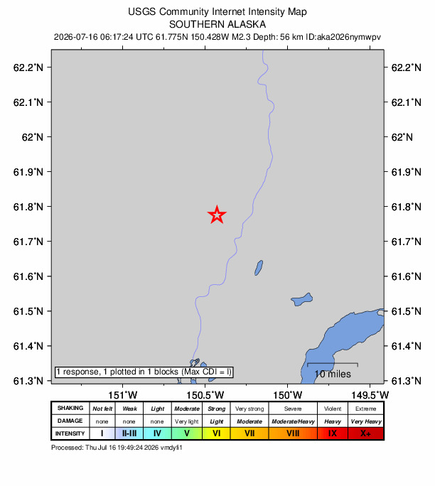 USGS DYFI community-reported intensity map for the M2.3 earthquake near 20 km W of Willow, Alaska