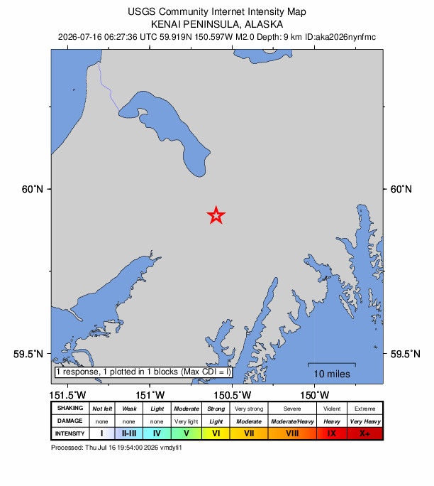 USGS DYFI community-reported intensity map for the M2.0 earthquake near 21 km ENE of Fox River, Alaska