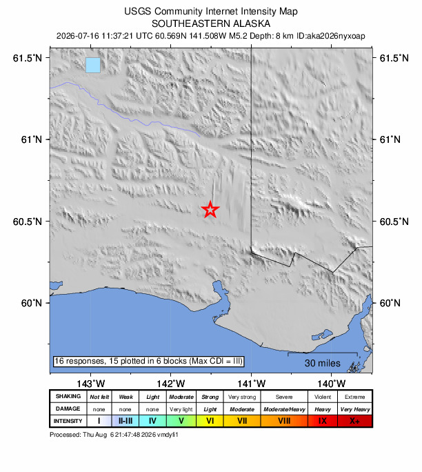 USGS DYFI community-reported intensity map for the M5.2 earthquake near 122 km SE of McCarthy, Alaska