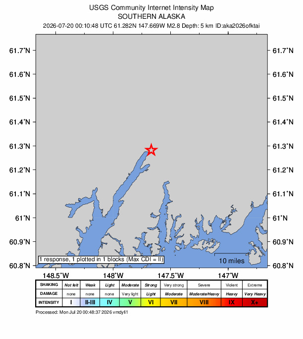 USGS DYFI community-reported intensity map for the M2.8 earthquake near 58 km S of Glacier View, Alaska