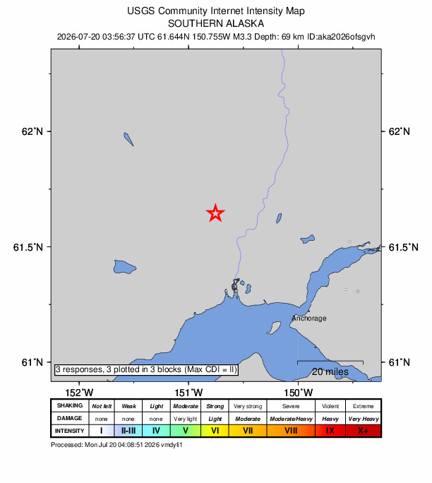 USGS DYFI community-reported intensity map for the M3.3 earthquake near 17 km NW of Susitna, Alaska
