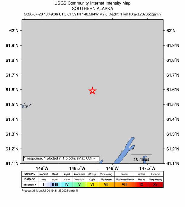 USGS DYFI community-reported intensity map for the M2.6 earthquake near 24 km SSE of Chickaloon, Alaska