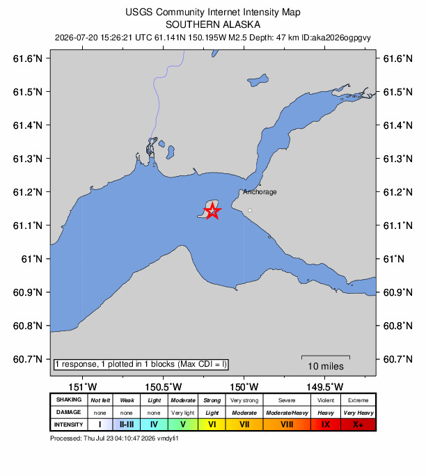 USGS DYFI community-reported intensity map for the M2.5 earthquake near 18 km WSW of Anchorage, Alaska